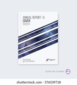 Abstract layout brochure, cover annual report template, magazine, flyer or booklet design in A4 with dark blue and purple geometric shapes on polygonal background. Vector Illustration.