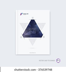 Abstract layout brochure, cover annual report template, magazine, flyer or booklet design in A4 with dark blue and purple triangle geometric shapes on polygonal background. Vector Illustration.