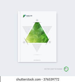 Abstract layout brochure, cover annual report template, magazine, flyer or booklet design in A4 with triangle green yellow geometric shapes on polygonal background. Vector Illustration.