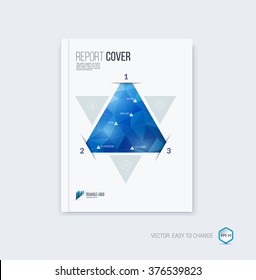 Abstract layout brochure, cover annual report template, magazine, flyer or booklet design in A4 with blue triangular geometric shapes on polygonal background. Vector Illustration.