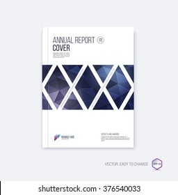 Abstract layout brochure, cover annual report template, magazine, flyer or booklet design in A4 with dark blue and purple geometric shapes on polygonal background. Vector Illustration.