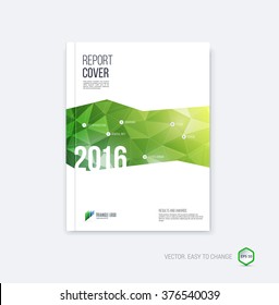 Abstract layout brochure, cover annual report template, magazine, flyer or booklet design in A4 with green yellow geometric shapes on polygonal background. Vector Illustration.