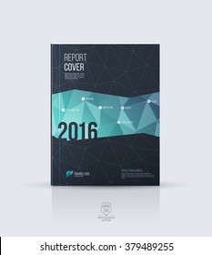 Abstract layout brochure, cover annual report template, magazine, flyer or booklet design in A4 with green and black geometric shapes on polygonal background. Vector Illustration.