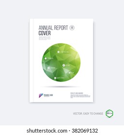 Abstract layout brochure template, cover design annual report, magazine, flyer or booklet in A4 with green and yellow circle and round geometric shapes on polygonal background. Vector Illustration.