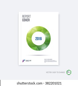 Abstract layout brochure template, cover design annual report, magazine, flyer or booklet in A4 with green and yellow circle and round geometric shapes on polygonal background. Vector Illustration.
