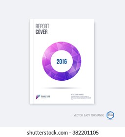 Abstract layout brochure template, cover design annual report, magazine, flyer or booklet in A4 with purple and pink circle and round geometric shapes on polygonal background. Vector Illustration.