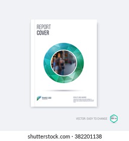 Abstract layout brochure template, cover design annual report, magazine, flyer or booklet in A4 with green and blue circle and round geometric shapes on polygonal background. Vector Illustration.