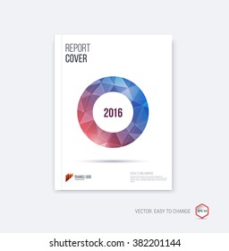 Abstract layout brochure template, cover design annual report, magazine, flyer or booklet in A4 with red and blue circle and round geometric shapes on polygonal background. Vector Illustration.