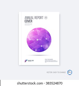 Abstract layout brochure template, cover design annual report, magazine, flyer or booklet in A4 with purple and pink circle and round geometric shapes on polygonal background. Vector Illustration.