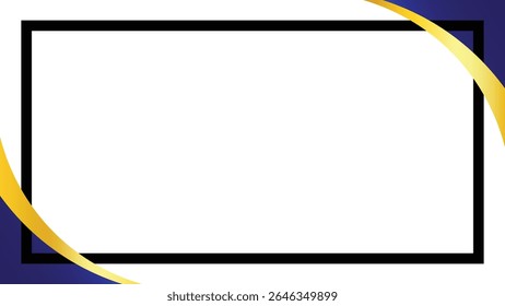 abstract layout featuring a white center with black rectangular frame, curved gold wave accents, and dark blue corners, ideal for poster design, ads, and modern presentation templates.
