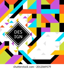 Abstract layout filled with intersecting neon colored geometric shapes on a white background,black diamond shape design label in the center.