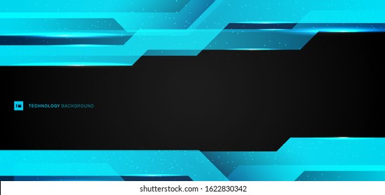 Abstract layout modern technology design banner web template metallic blue frame geometric overlapping with lighting and particle on black background. Vector illustration