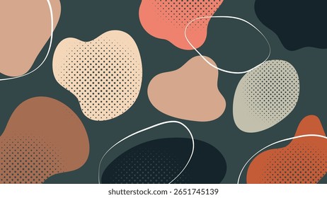 Layout abstrato com formas de bolhas suaves e texturas de meio-tom em tons terrosos em verde escuro. Ideal para marcas criativas, design digital e visuais modernos.
