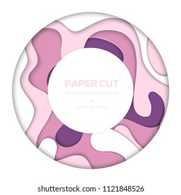 Abstract layout - vector paper cut banner in a round frame on white background with place for your information in the center. Purple and pink colors. High quality carving art, invitation template