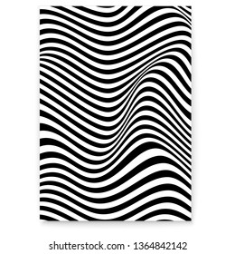 Abstract layout with wavy twisted background. Pattern from lines, halftone effect. Black and white modern art texture. Minimalistic design. Template for poster, banner, cover, postcard, stickers