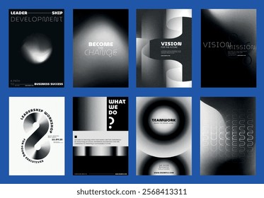 Abstract leadership development poster template set. Modern abstract business poster template set. Black and white monochrome design. Set of modern vector poster templates, black gradient design