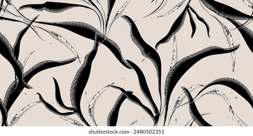 Abstract leaf art drawing with black and white color texture for seamless fabric pattern. Vector illustration