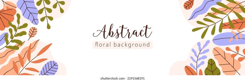 Abstract leaf background design. Modern botanical floral banner with multicolored foliage plants, leaves, twigs. Natural horizontal promo backdrop with colorful flora. Flat vector illustration