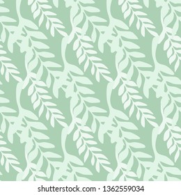 Abstract leaf branch backdrop. Greeny  branches seamless pattern. Vector illustration on green background for textile or book covers, wallpapers, design, graphic art, wrapping