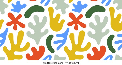 Resumen de las formas de corte de hojas sin fisuras. La moderna y colorida mano libre deja un diseño de fondo. Papel pintado de decoración inspirado en Matisse, símbolos naturales infantiles.