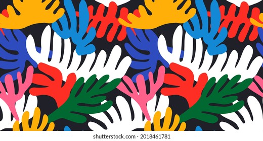 Resumen de las formas de corte de hojas sin fisuras. La moderna y colorida mano libre deja un diseño de fondo. Papel pintado de decoración inspirado en Matisse, símbolos naturales infantiles.