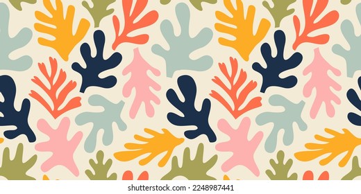 Abstract leaf cutout shapes seamless pattern. Trendy colorful freehand leaves background design. Matisse inspired decoration wallpaper, childish nature symbols.	