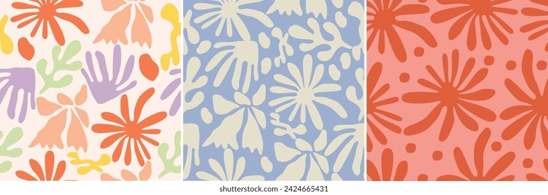 Abstract Leaf cutout shapes seamless pattern set. Trendy colorful leaves and flowers collage shape background design Collection. 