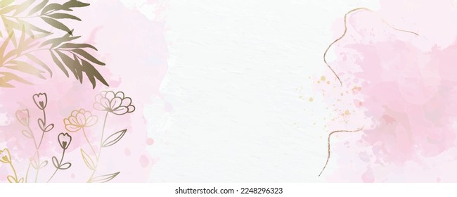 Abstract leaf flower blooming golden texture on pink watercolour drwaing paper background banner design. Vector illustration.
