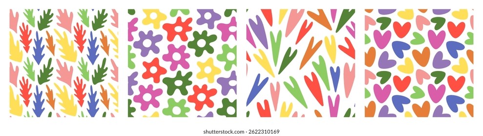 Abstrato folha, flor e coração padrão sem emenda. Ilustração vetorial colorida. Fundo floral