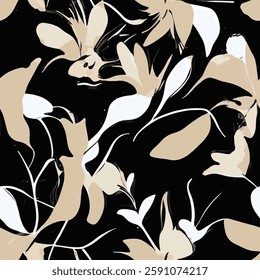 abstract leaf and flower patterns on a black background