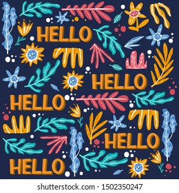 Abstract leaf and flowers hand drawn colorful pattern. Botanical wrapping paper, texture, background cartoon design
