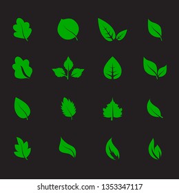 Abstract leaf icon set isolated on black background. Collection of leaf icons for symbol, logo, sign, label and app. Creative art concept. Vector illustration, flat leaves