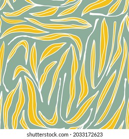 Abstract leaf illustration seamless repeat pattern. Random placed, vector botany elements all over surface print on sage green background.