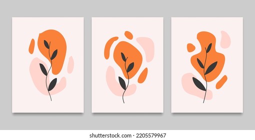 Forma de la línea de la hoja abstracta decoración de pared minimalista color de agua fondo de pintura de flores anaranjadas, diseño de arte vectorial papel tapiz