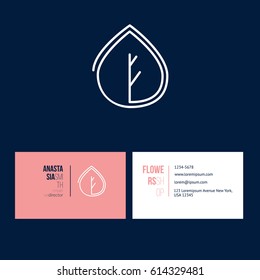 Abstract leaf linear logotype design with template business card for creative director. Visual identity for flower shop 