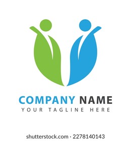 Abstract leaf logo design template, stylized people icon, vegan community, public health care.