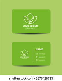 Abstract leaf logo on a green business card with small icons