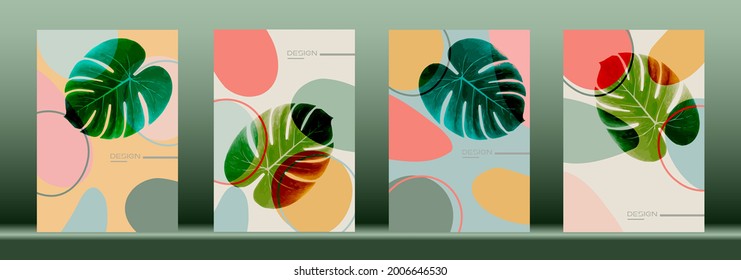 Abstract leaf Monstera wall arts vector. Colorful Trendy set, modern exotic leaves Design for wall framed prints, canvas poster, artwork as postcard or brochure. Vector illustration