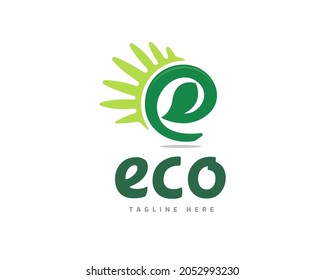 abstract leaf nature eco sun rays e letter initial logo template illustration