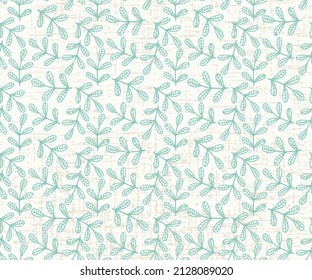 Abstract leaf seamless pattern background,Retro turquoise leaves on branches on linen texture background seamless pattern 