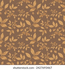 Abstract leaf seamless pattern. Leafy background. Forest. Vegetative botanic background. Design of abstract leaves. Simple drawing. Foliage. Plants pattern. Shades of nature. Brown, beige,  autumn  