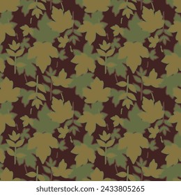 Abstract leaf seamless pattern. Leafy background. Forest. Vegetative botanic design. Simple drawing. Foliage. Plants pattern. Green, brown tones. Warm, muted shades.