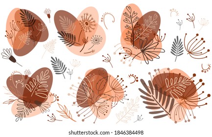 Abstract leaf set. Different leaves, branches and flowers collection. Floral design elements for nature pattern or background. Vector ilustration.