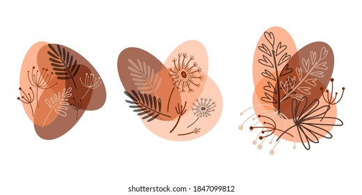 Abstract leaf set. Different leaves, branches and flowers collection. Floral design elements for nature pattern or background. Vector ilustration.