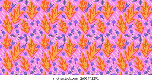 Abstract leaf shapes seamless pattern with lines and dots. Vector illustration of organic repeated design for branding, packaging, fabric, textile