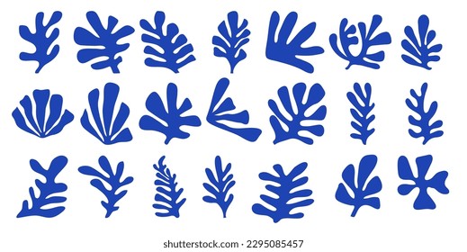 Abstract leaf silhouette, simple blue floral in Matisse style. Abstract organic shapes vector illustration.