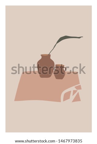 Abstract Leaf With Vase Illustration. Botanical Vector Flat Print.