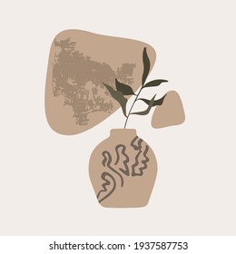 Abstract leaf and vase. Modern minimalistic trendy boho style. Poster to print on the wall. Vector image for posters, cards, prints.