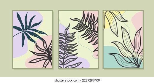 arte de pared de hojas abstractas en estilo de arte en línea. diseño estético de boho. impresiones para el interior, decoración doméstica, carteles, papel pintado
