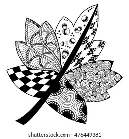 Abstract leaf in zen tangle style. Hand drawn maple leaf. Monochrome contour leaf on a white background. Floral design element. Leaf vector concept.